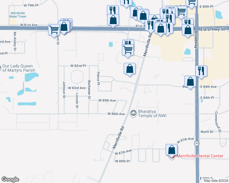 map of restaurants, bars, coffee shops, grocery stores, and more near 1206 W 84th Pl in Merrillville
