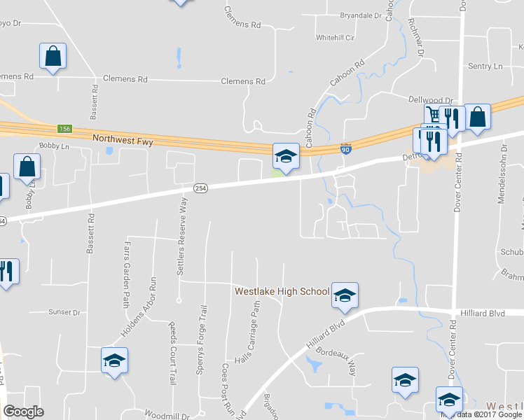 map of restaurants, bars, coffee shops, grocery stores, and more near 28083 Detroit Road in Westlake