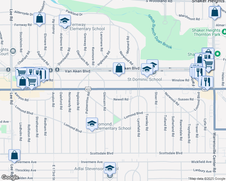 map of restaurants, bars, coffee shops, grocery stores, and more near 18402 U.S. 422 in Shaker Heights