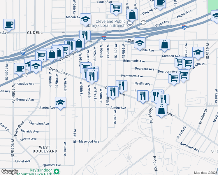 map of restaurants, bars, coffee shops, grocery stores, and more near 3280 West 86th Street in Cleveland