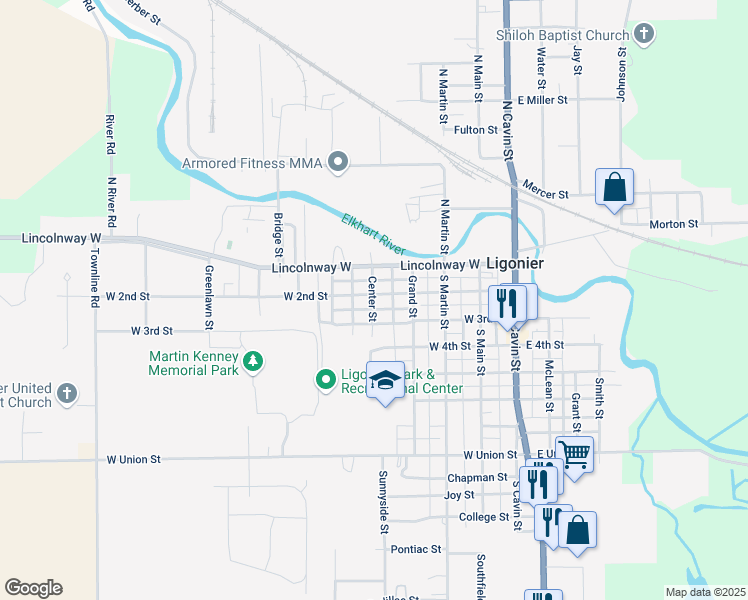 map of restaurants, bars, coffee shops, grocery stores, and more near 453 West 2nd Street in Ligonier