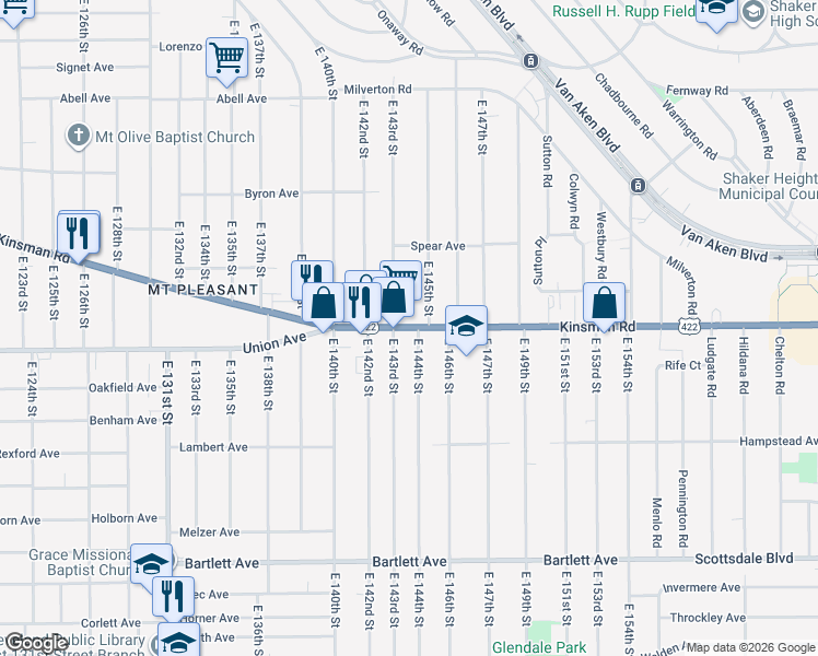 map of restaurants, bars, coffee shops, grocery stores, and more near 14315 Ohio 8 in Cleveland