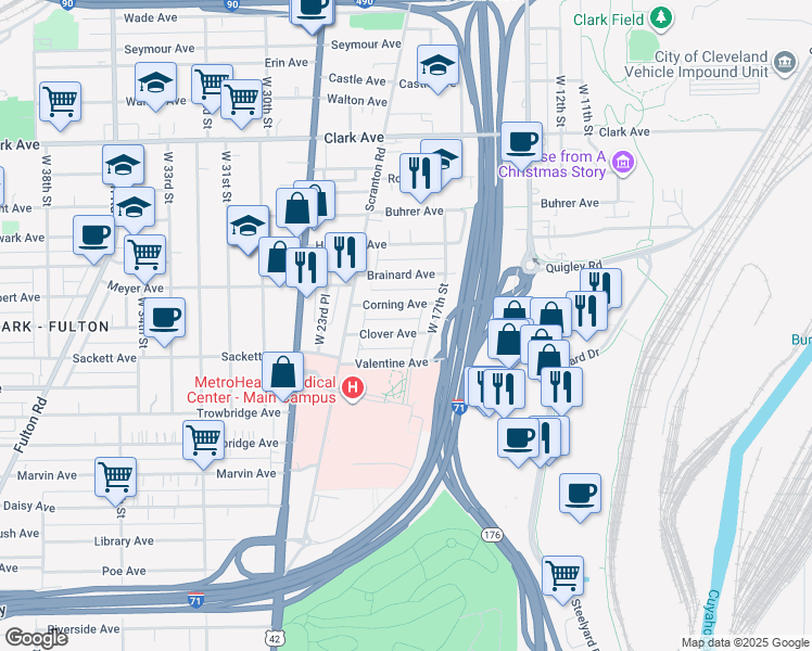map of restaurants, bars, coffee shops, grocery stores, and more near 1816 Clover Avenue in Cleveland