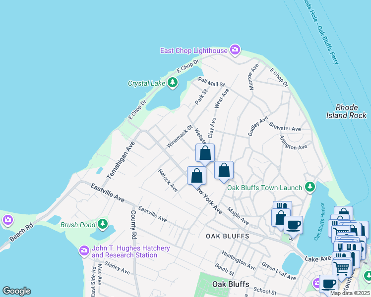 map of restaurants, bars, coffee shops, grocery stores, and more near 60 Monahegan Avenue in Oak Bluffs