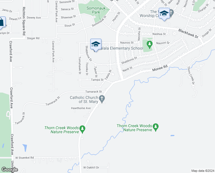 map of restaurants, bars, coffee shops, grocery stores, and more near 214 Monee Road in Park Forest