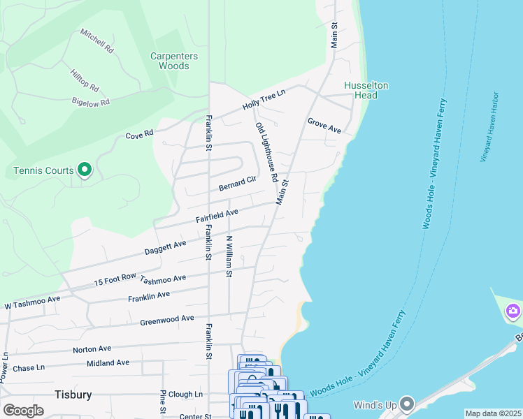 map of restaurants, bars, coffee shops, grocery stores, and more near 354 Main Street in Tisbury