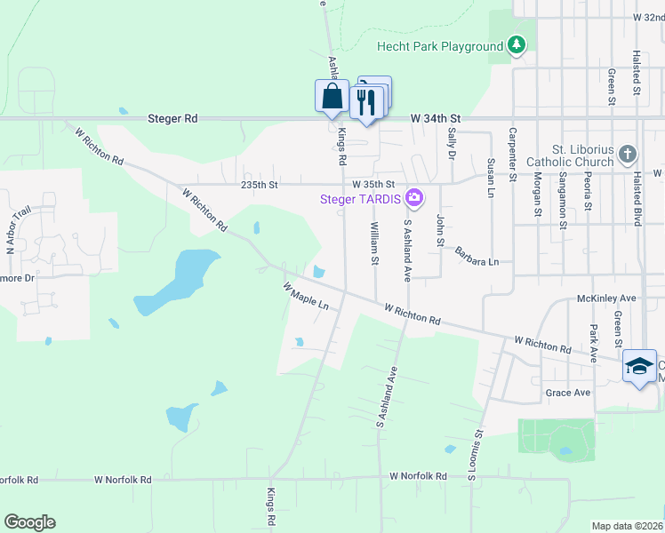 map of restaurants, bars, coffee shops, grocery stores, and more near 23360 Kings Road in Steger