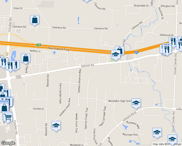 map of restaurants, bars, coffee shops, grocery stores, and more near 1661 Sperrys Forge Trail in Westlake