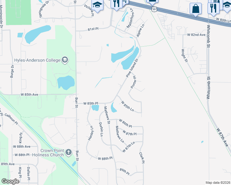 map of restaurants, bars, coffee shops, grocery stores, and more near 8498 Pine Island Drive in Crown Point
