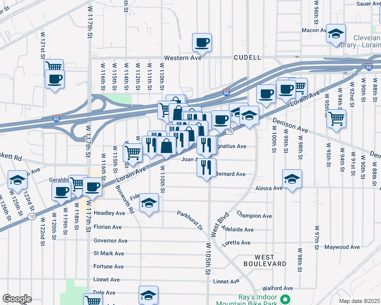map of restaurants, bars, coffee shops, grocery stores, and more near in Cleveland