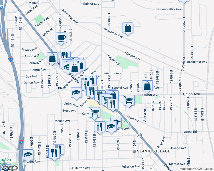 map of restaurants, bars, coffee shops, grocery stores, and more near 3451 East 65th Street in Cleveland