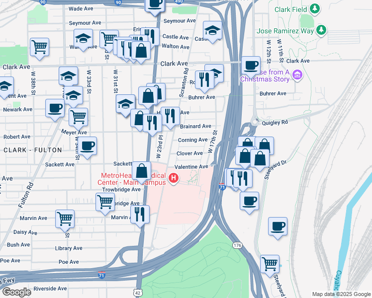map of restaurants, bars, coffee shops, grocery stores, and more near 2105 Corning Avenue in Cleveland