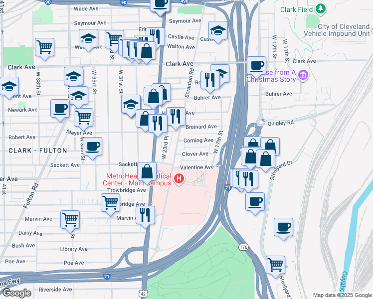 map of restaurants, bars, coffee shops, grocery stores, and more near 2105 Corning Avenue in Cleveland