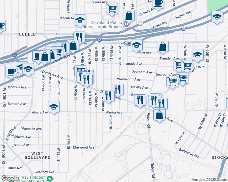 map of restaurants, bars, coffee shops, grocery stores, and more near 3280 West 86th Street in Cleveland