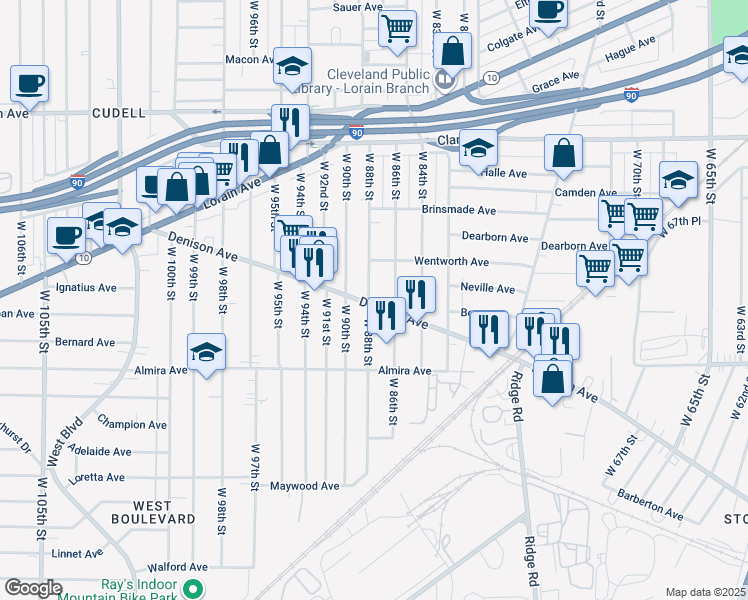 map of restaurants, bars, coffee shops, grocery stores, and more near 3280 West 86th Street in Cleveland