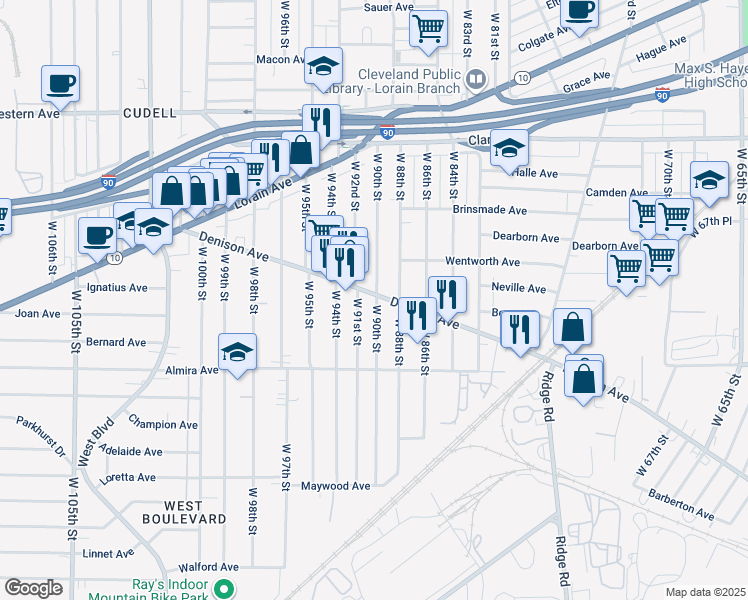 map of restaurants, bars, coffee shops, grocery stores, and more near 8900 Denison Avenue in Cleveland