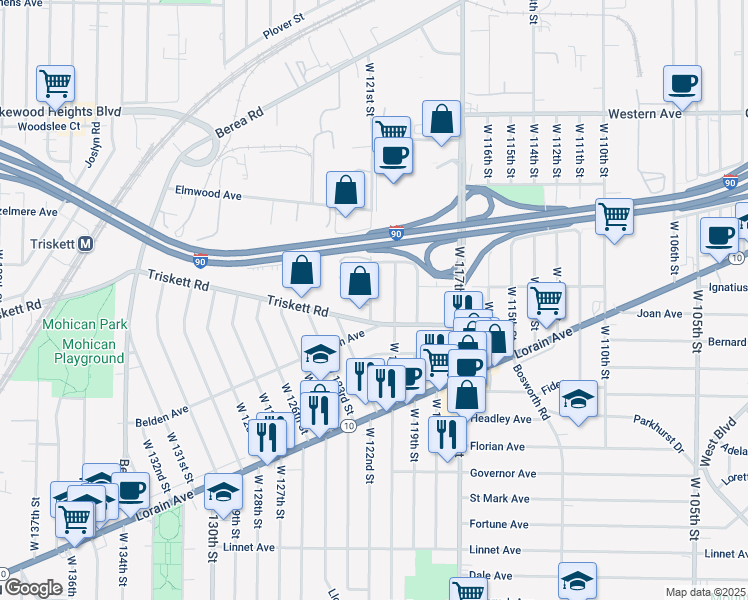 map of restaurants, bars, coffee shops, grocery stores, and more near 3237 West 121st Street in Cleveland