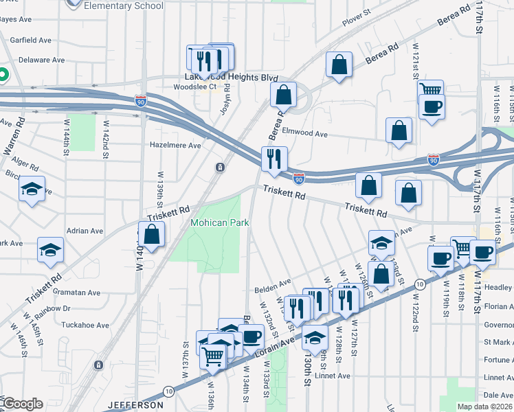 map of restaurants, bars, coffee shops, grocery stores, and more near 3228 Berea Road in Cleveland