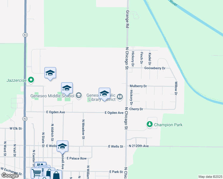 map of restaurants, bars, coffee shops, grocery stores, and more near 620 Olivia Drive in Geneseo