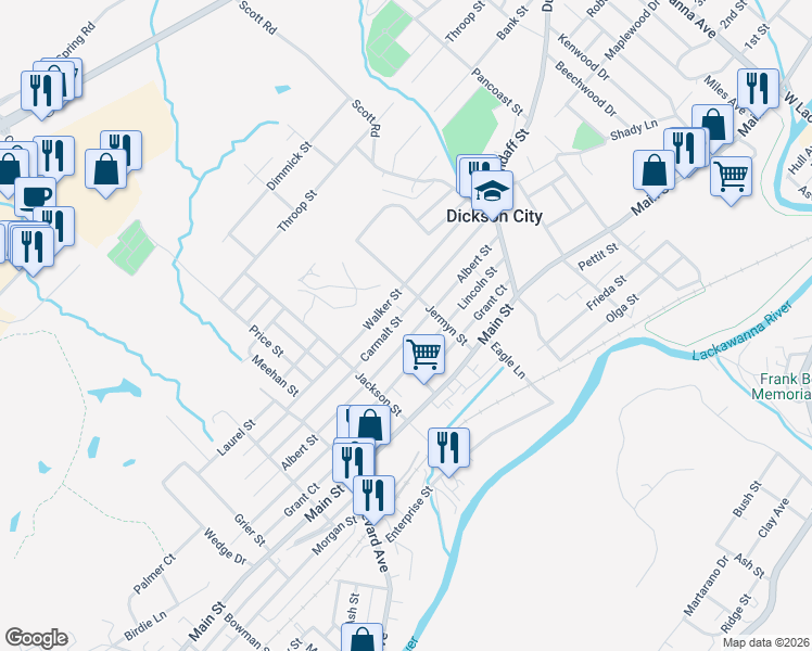 map of restaurants, bars, coffee shops, grocery stores, and more near 960 Carmalt Street in Dickson City