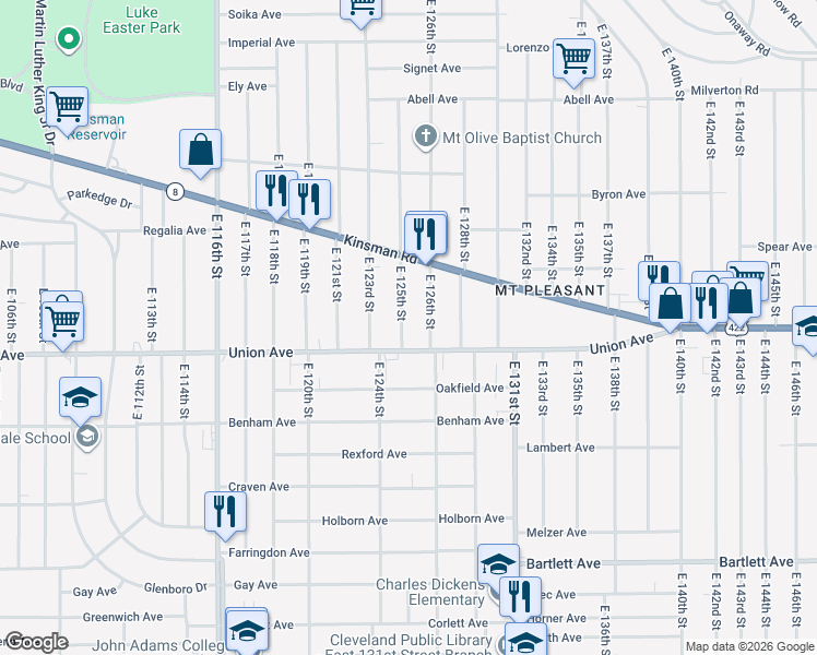 map of restaurants, bars, coffee shops, grocery stores, and more near 3463 East 125th Street in Cleveland
