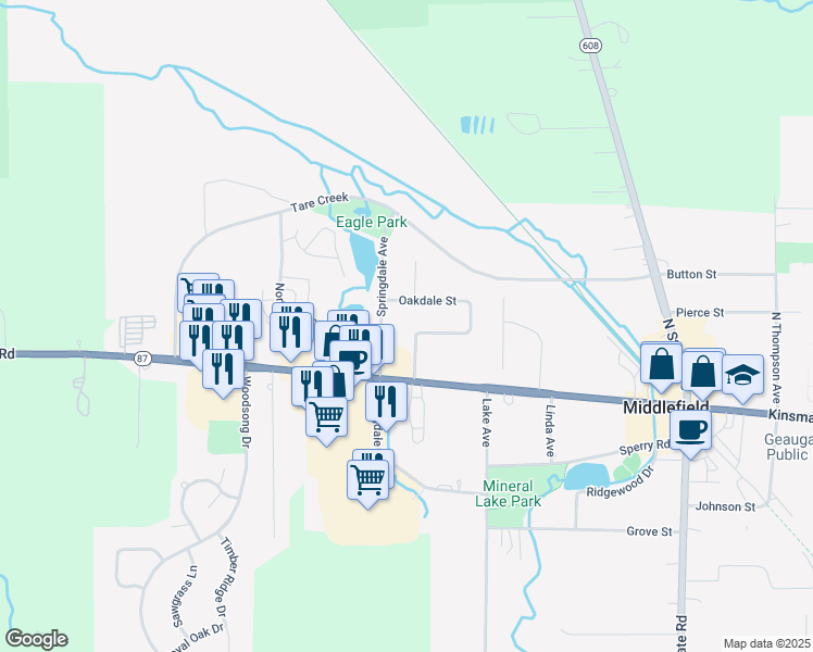 map of restaurants, bars, coffee shops, grocery stores, and more near 15640 Elmwood Street in Middlefield