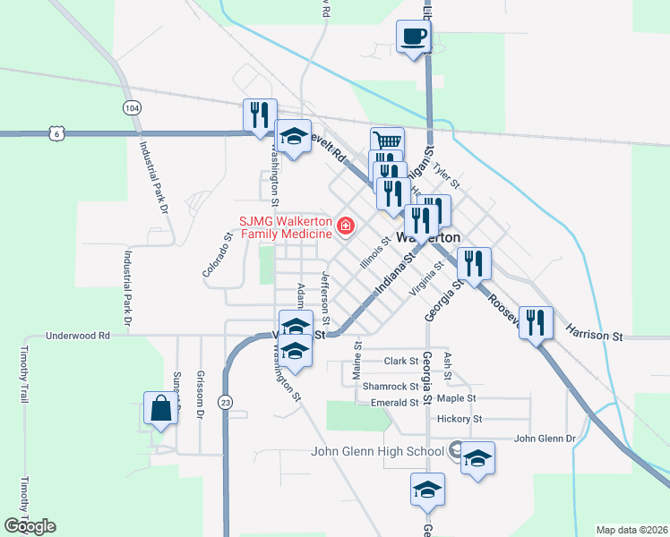 map of restaurants, bars, coffee shops, grocery stores, and more near 603 Monroe Street in Walkerton