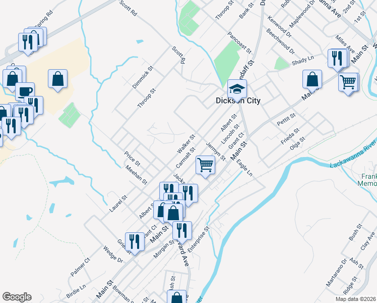 map of restaurants, bars, coffee shops, grocery stores, and more near 960 Carmalt Street in Dickson City