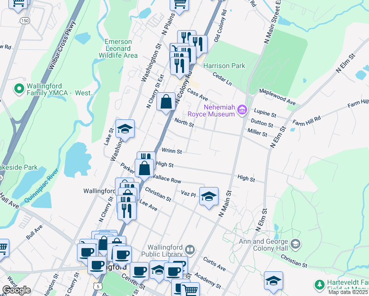 map of restaurants, bars, coffee shops, grocery stores, and more near 66 Wrinn St in Wallingford