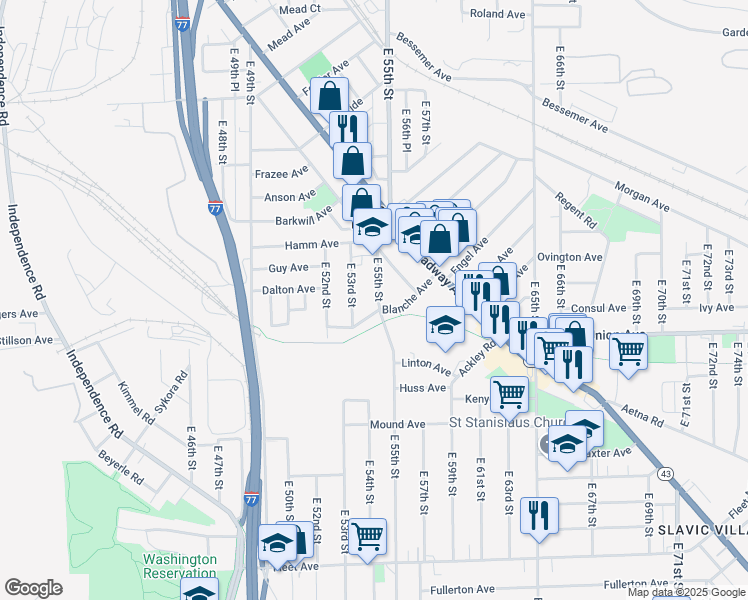 map of restaurants, bars, coffee shops, grocery stores, and more near 3450 East 55th Street in Cleveland