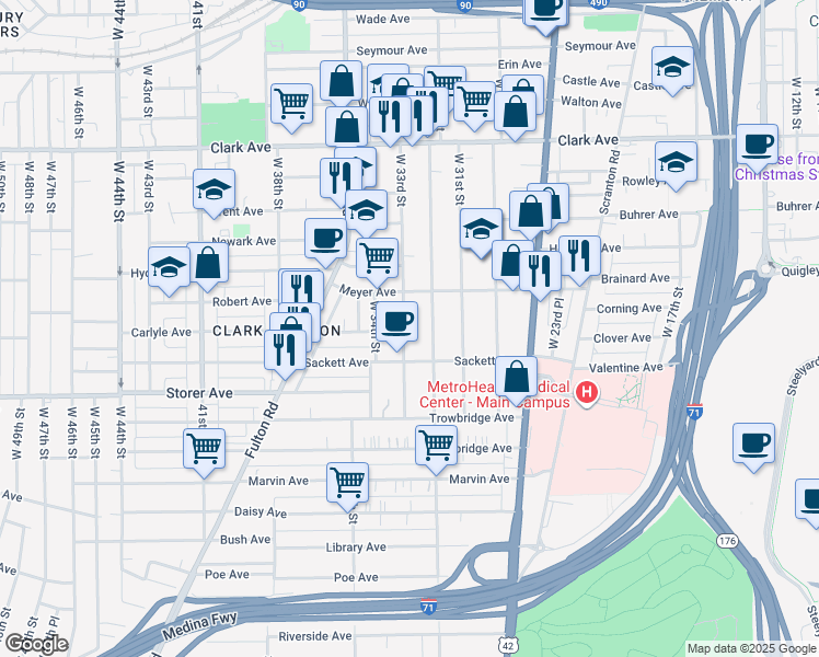 map of restaurants, bars, coffee shops, grocery stores, and more near 3291 West 33rd Street in Cleveland