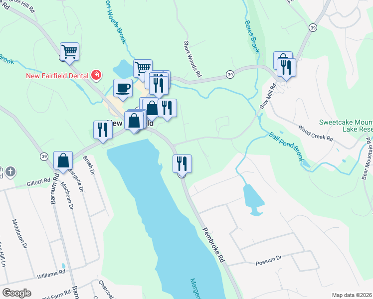 map of restaurants, bars, coffee shops, grocery stores, and more near 12 Sawmill Road in New Fairfield