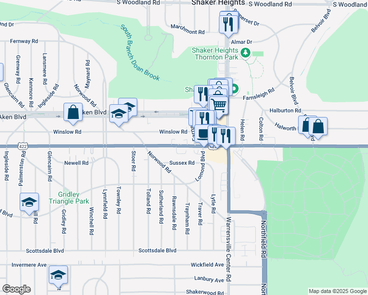 map of restaurants, bars, coffee shops, grocery stores, and more near 19762 U.S. 422 in Shaker Heights