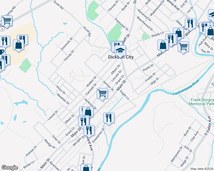 map of restaurants, bars, coffee shops, grocery stores, and more near 973 Lincoln Street in Dickson City