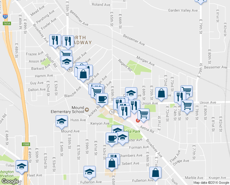 map of restaurants, bars, coffee shops, grocery stores, and more near 3451 East 65th Street in Cleveland