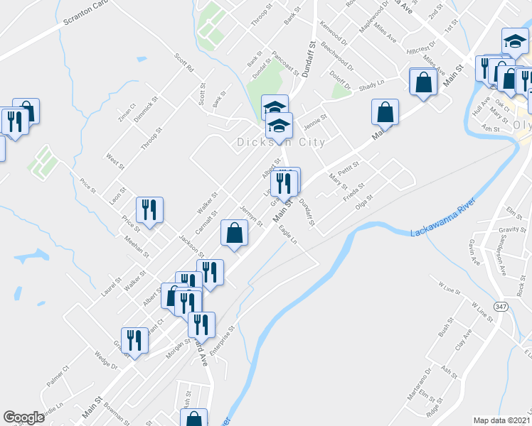 map of restaurants, bars, coffee shops, grocery stores, and more near 1013 Grant Court in Dickson City