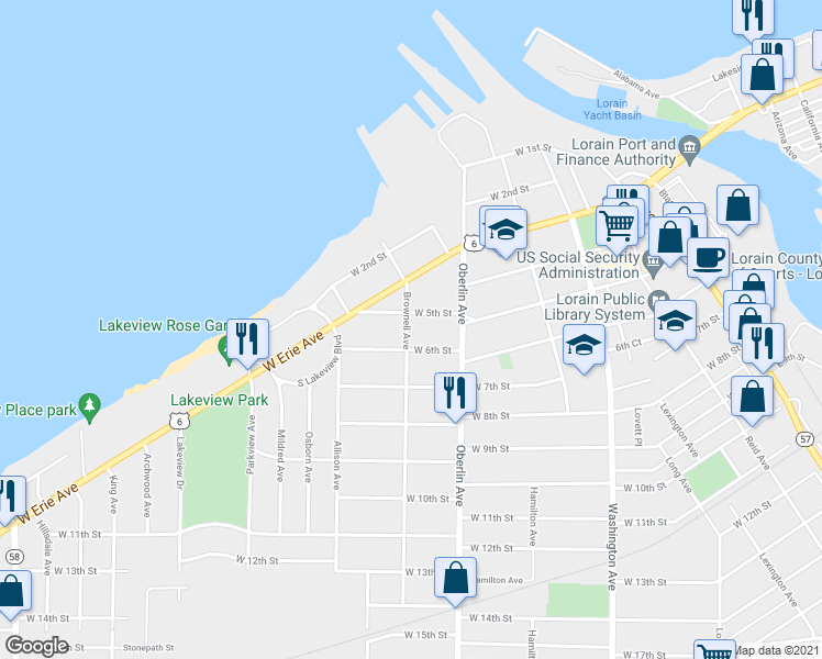 map of restaurants, bars, coffee shops, grocery stores, and more near 529 Brownell Avenue in Lorain