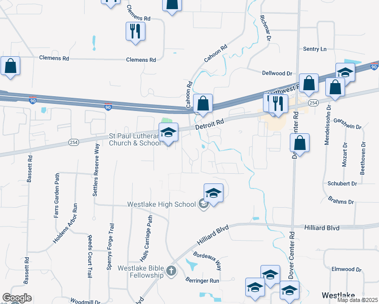 map of restaurants, bars, coffee shops, grocery stores, and more near 27843 Detroit Road in Westlake