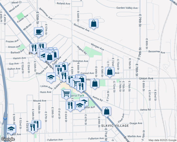 map of restaurants, bars, coffee shops, grocery stores, and more near 3455 Regent Road in Cleveland