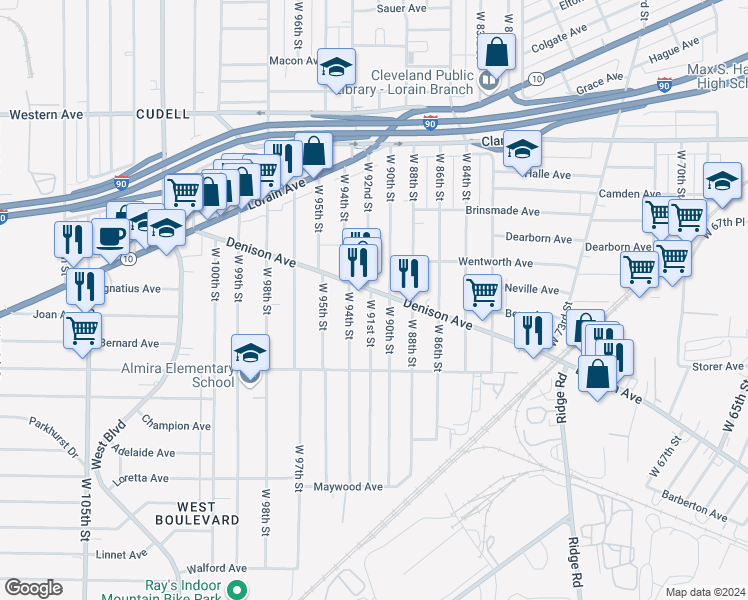 map of restaurants, bars, coffee shops, grocery stores, and more near 9019 Denison Avenue in Cleveland