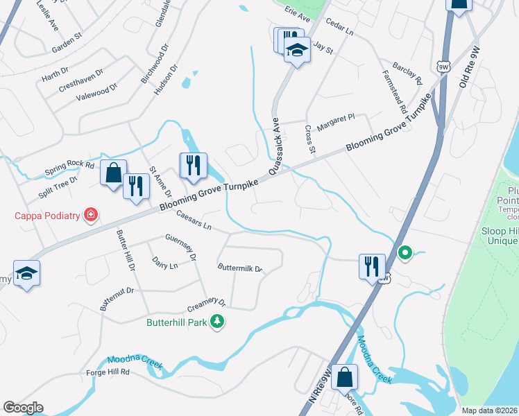 map of restaurants, bars, coffee shops, grocery stores, and more near 9 Louise Drive in New Windsor