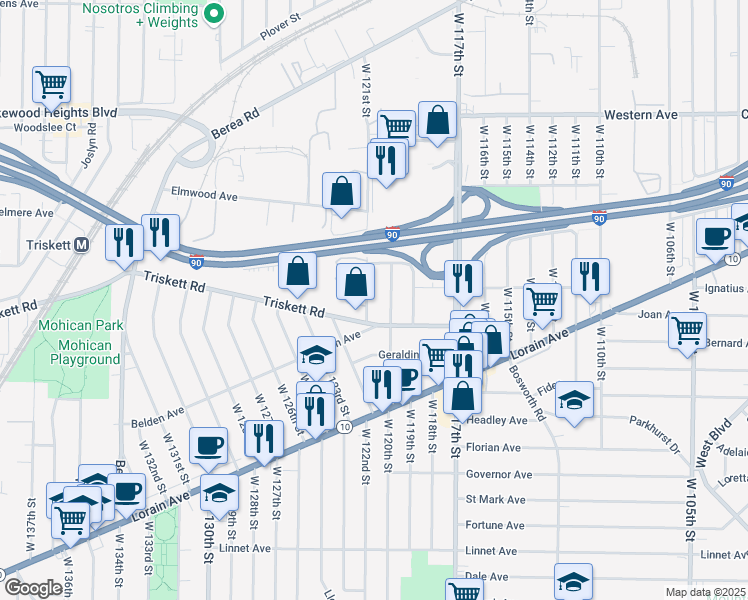 map of restaurants, bars, coffee shops, grocery stores, and more near 3237 W 121st St in Cleveland
