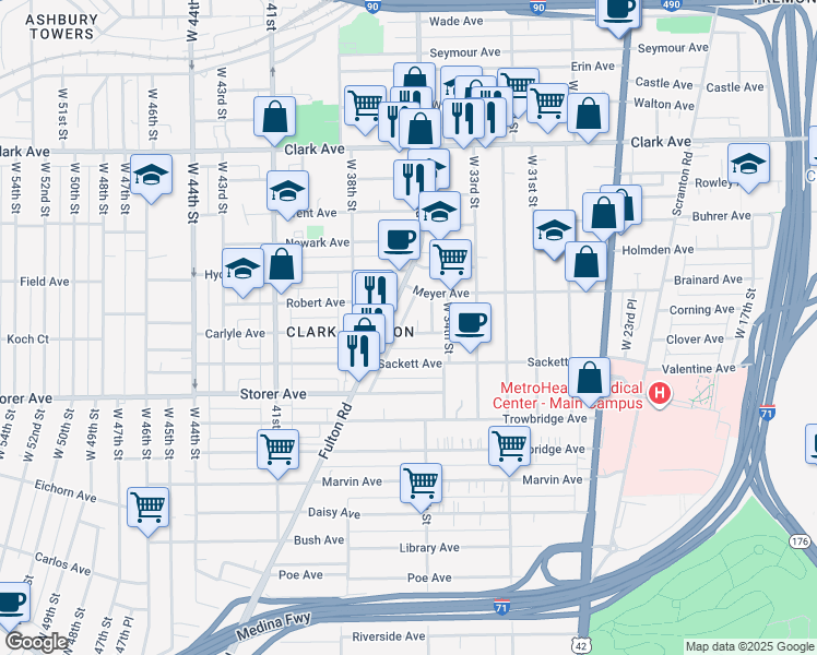 map of restaurants, bars, coffee shops, grocery stores, and more near 3546 Carlyle Avenue in Cleveland