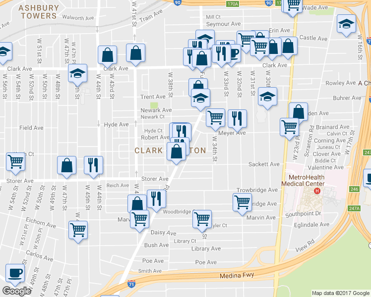 map of restaurants, bars, coffee shops, grocery stores, and more near Fulton Road & Carlyle Avenue in Cleveland