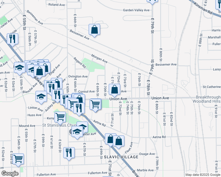 map of restaurants, bars, coffee shops, grocery stores, and more near 3466 E 71st St in Cleveland