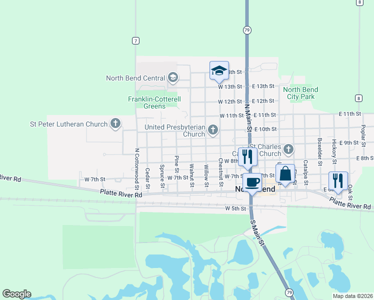 map of restaurants, bars, coffee shops, grocery stores, and more near 840 Walnut Street in North Bend