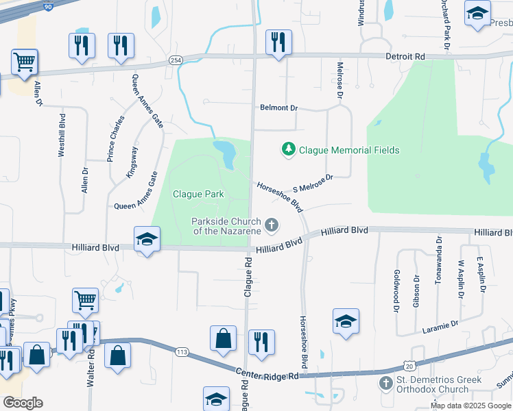 map of restaurants, bars, coffee shops, grocery stores, and more near 1555 Clague Road in Westlake