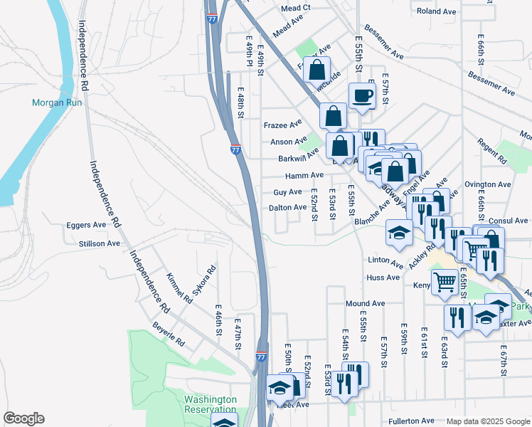 map of restaurants, bars, coffee shops, grocery stores, and more near 3439 East 49th Street in Cleveland