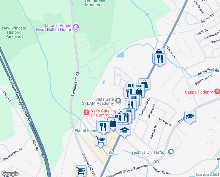 map of restaurants, bars, coffee shops, grocery stores, and more near 1077 Washington Green in New Windsor