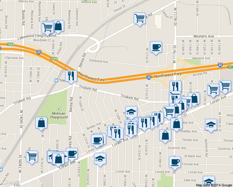 map of restaurants, bars, coffee shops, grocery stores, and more near 12520 Triskett Rd in Cleveland